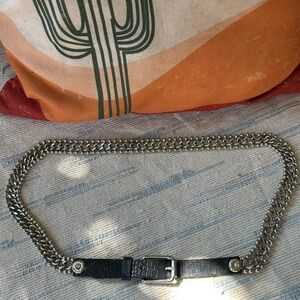 Luxury Vtg FURLA Silver Chain Belt Black Embossed leather Large